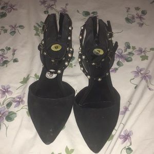 Black suede flats straps w pearls
